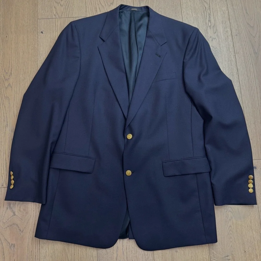 Hart Schaffner Marx Blazer Mens 43L Navy Blue Gold Crest Button Sport Coat